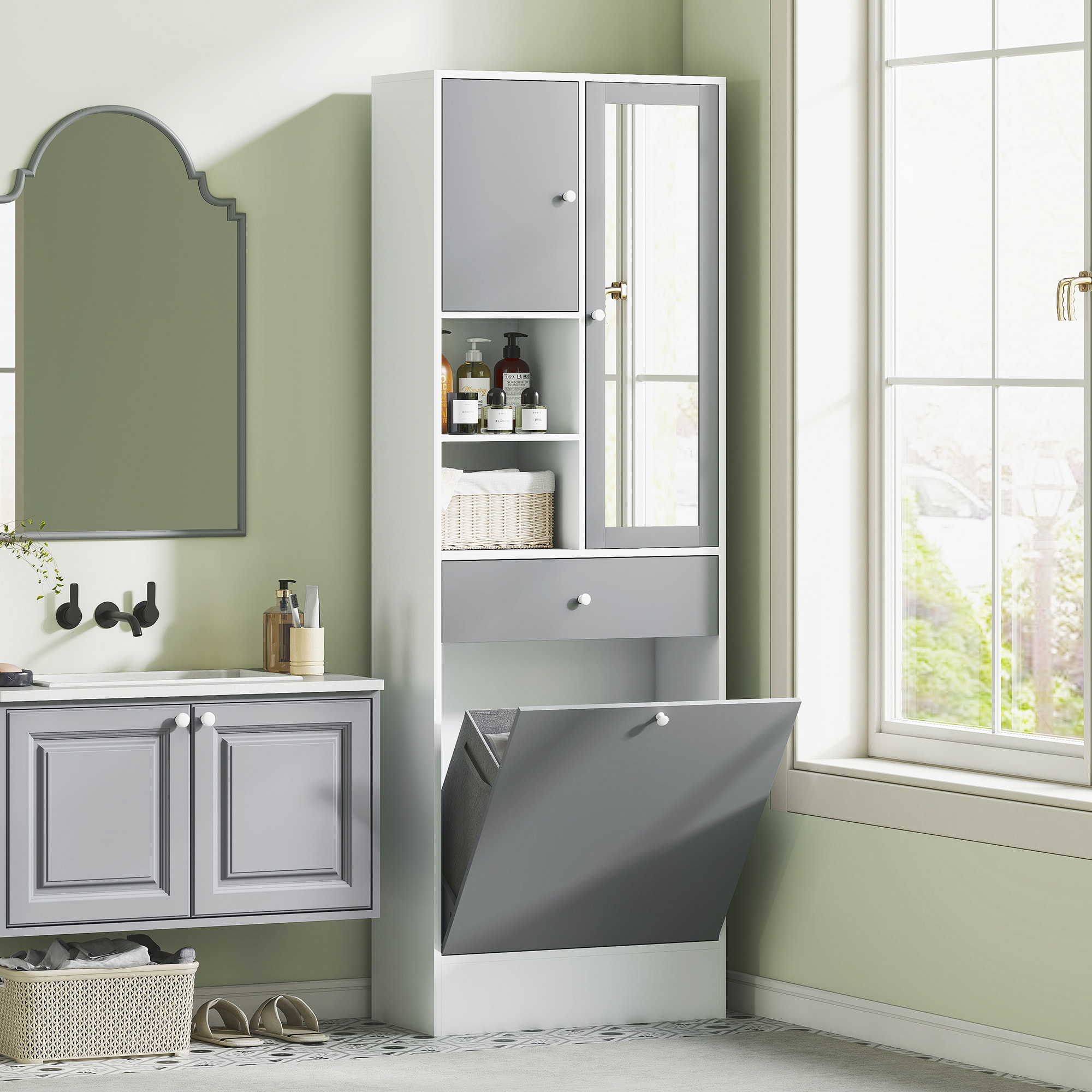 Armario de Baño con Cesto Ropa Sucia Armario Alto de Baño Estrecha con Espejo Cajón Compartimentos Abiertos y Estantes Ajustables 62x28,3x181 cm Blanco y Gris