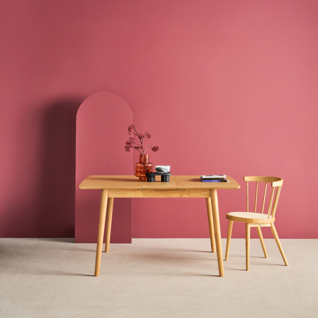 Table à manger rectangulaire extensible bois d'hévéa et placage chêne 4-6 places LINA