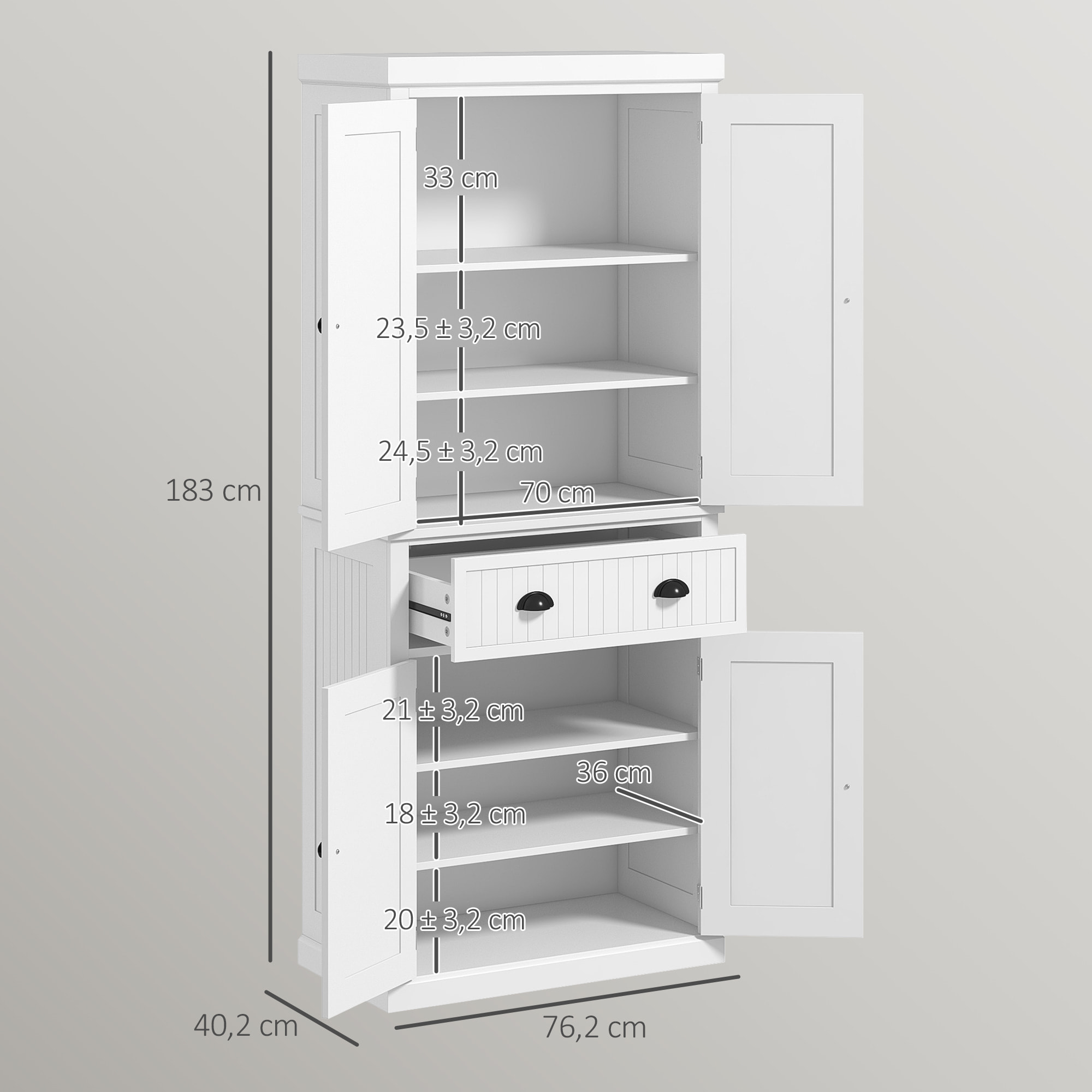 Buffet haut multi-rangement - 4 portes, grand tiroir - dim. 76L x 40l x 183H cm - blanc effet bois clair