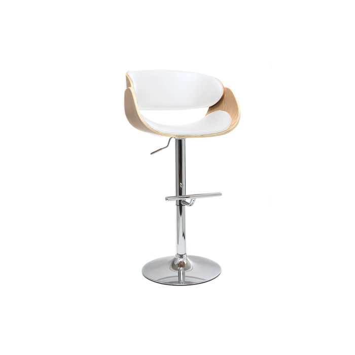 Tabouret de bar design réglable blanc et bois clair BENT