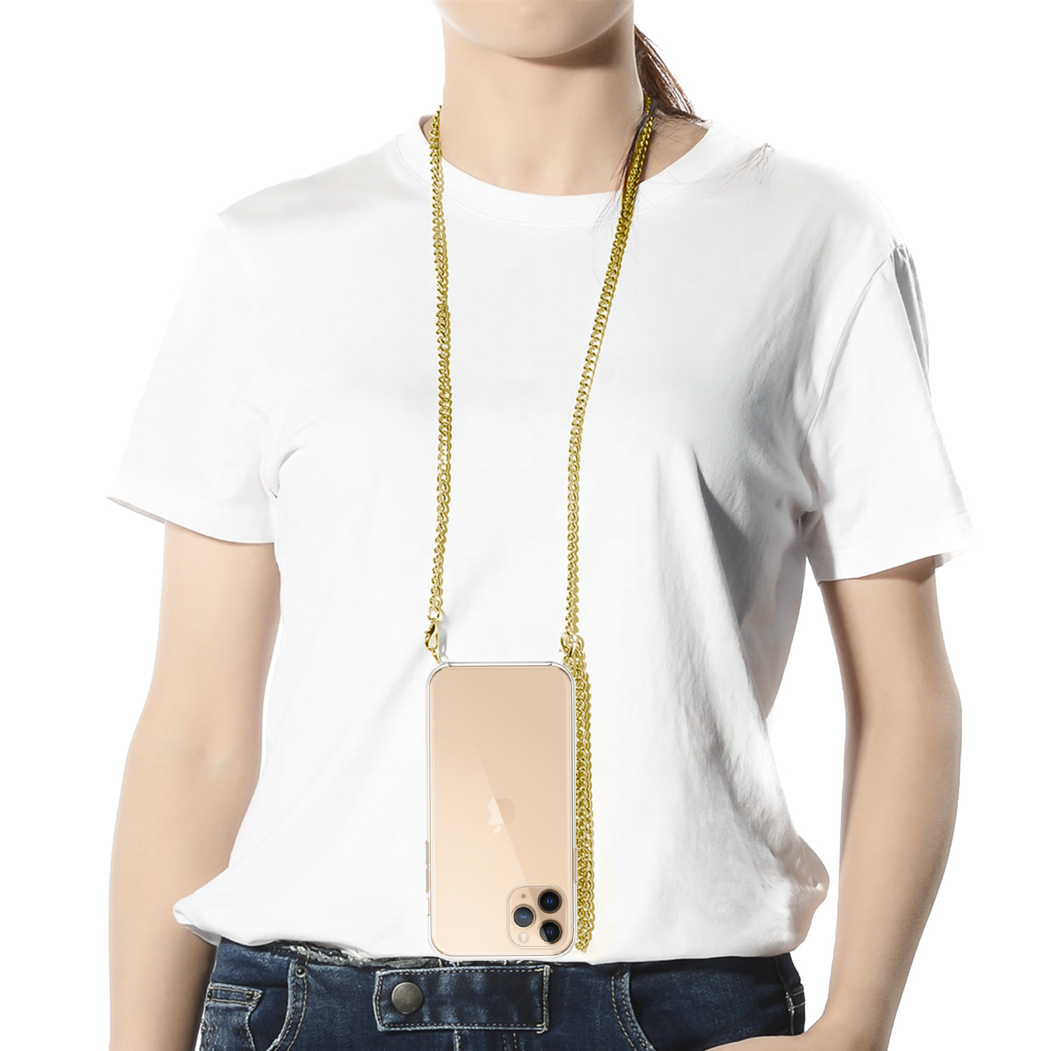 Cover trasparente per iPhone 11 Pro Max con ciondolo a catena in metallo. Accessorio moda, vestibilità perfetta e massima protezione