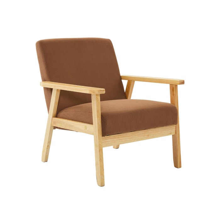 Fauteuil vintage / scandinave structure en bois et contreplaqué et assise en velours côtelé coloris marron