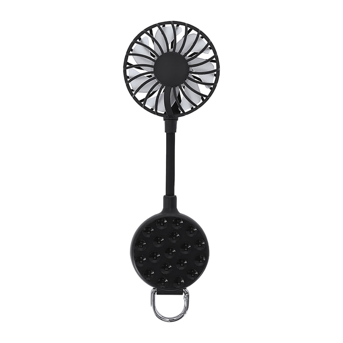 Ventilador multiposición con rotación de 360°, soporte ajustable y ventosas para smartphone. Dispone de 3 velocidades, con batería recargable de 300 mAh.
