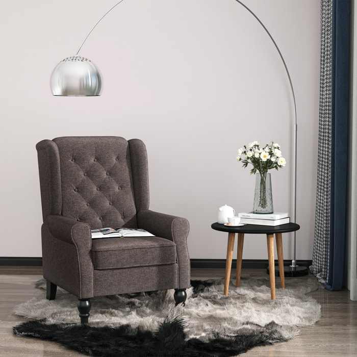 Fauteuil à oreilles style Chesterfield dossier capitonné grand confort bois noir tissu chocolat