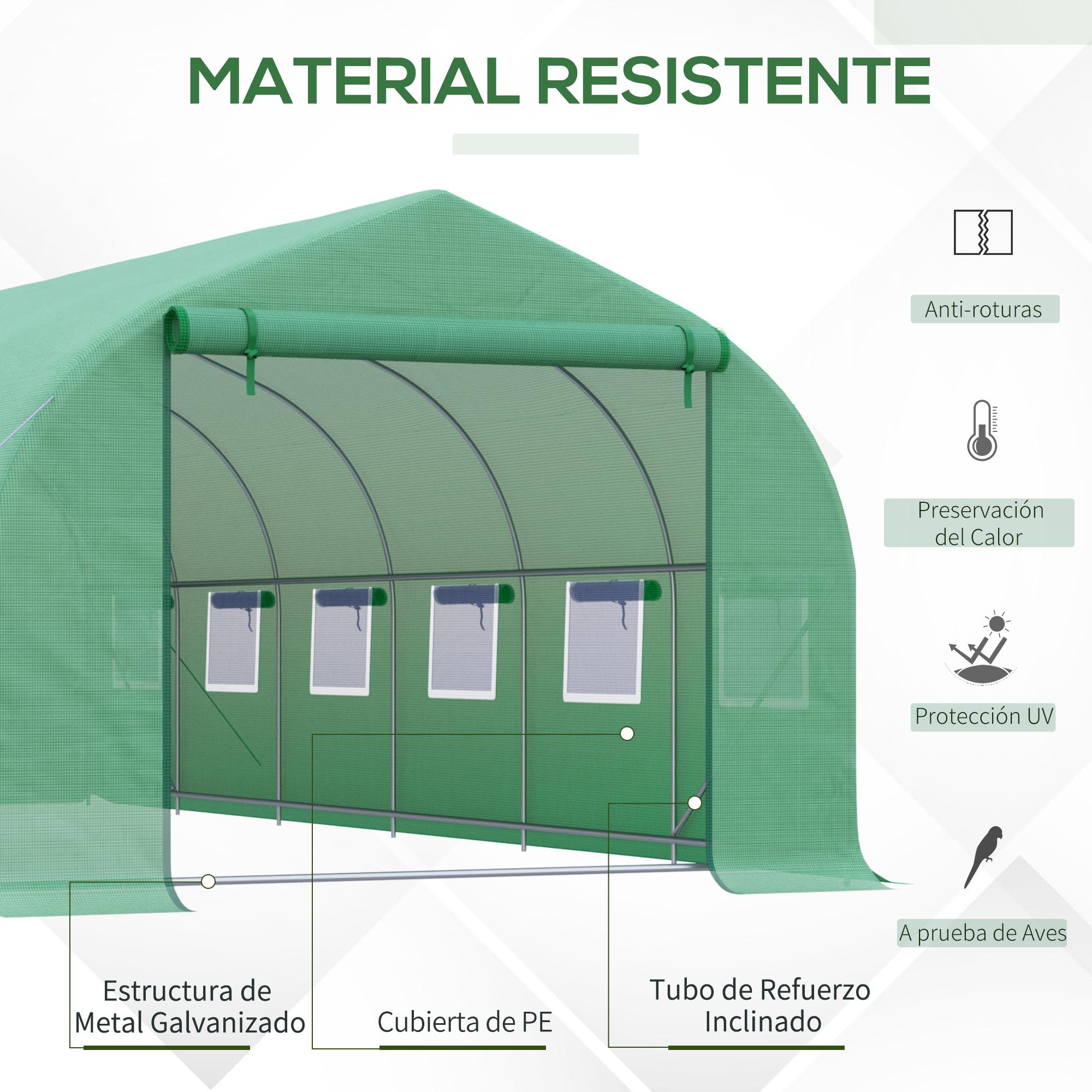 Invernadero de Túnel 595x300x200 cm con 12 Ventanas y Puerta Enrollable Verde