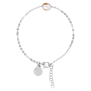 PERLAVIVA - Bracciale Catena Rolo in Argento 925 placcato Platino e Perla d'Acqua Dolce Bianca Ø 7/8 mm