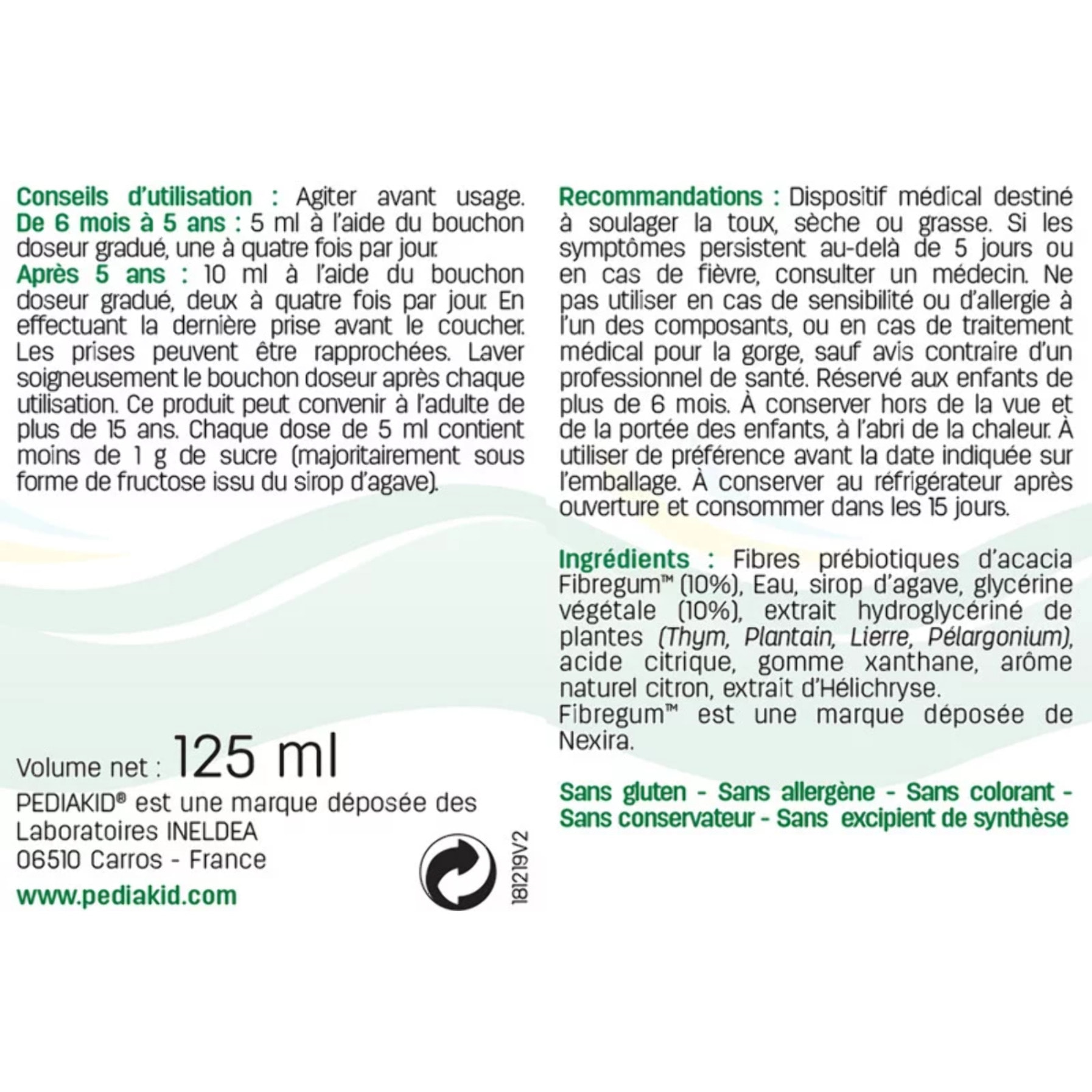 PEDIAKID - Toux Sèche & Grasse - Formule Exclusive au Sirop d'Agave - Calme la Toux - Soulage l'irritations de la Gorge - Arôme Naturel Citron - Flacon 125 ml