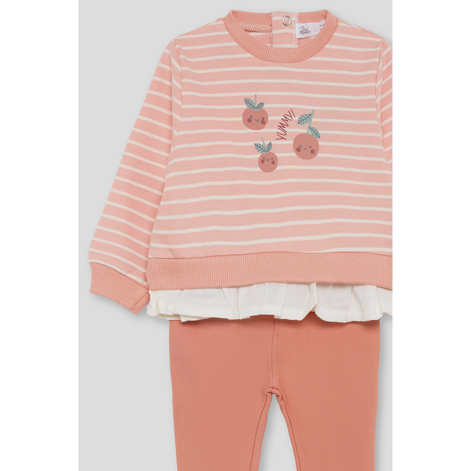Conjunto niña sudadera de rayas y leggings, detalle de frutas y bajo con volante, cintura elástica | Color: Melocotón | Street Monkey