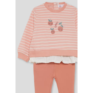 Conjunto niña sudadera de rayas y leggings, detalle de frutas y bajo con volante, cintura elástica | Color: Melocotón | Street Monkey