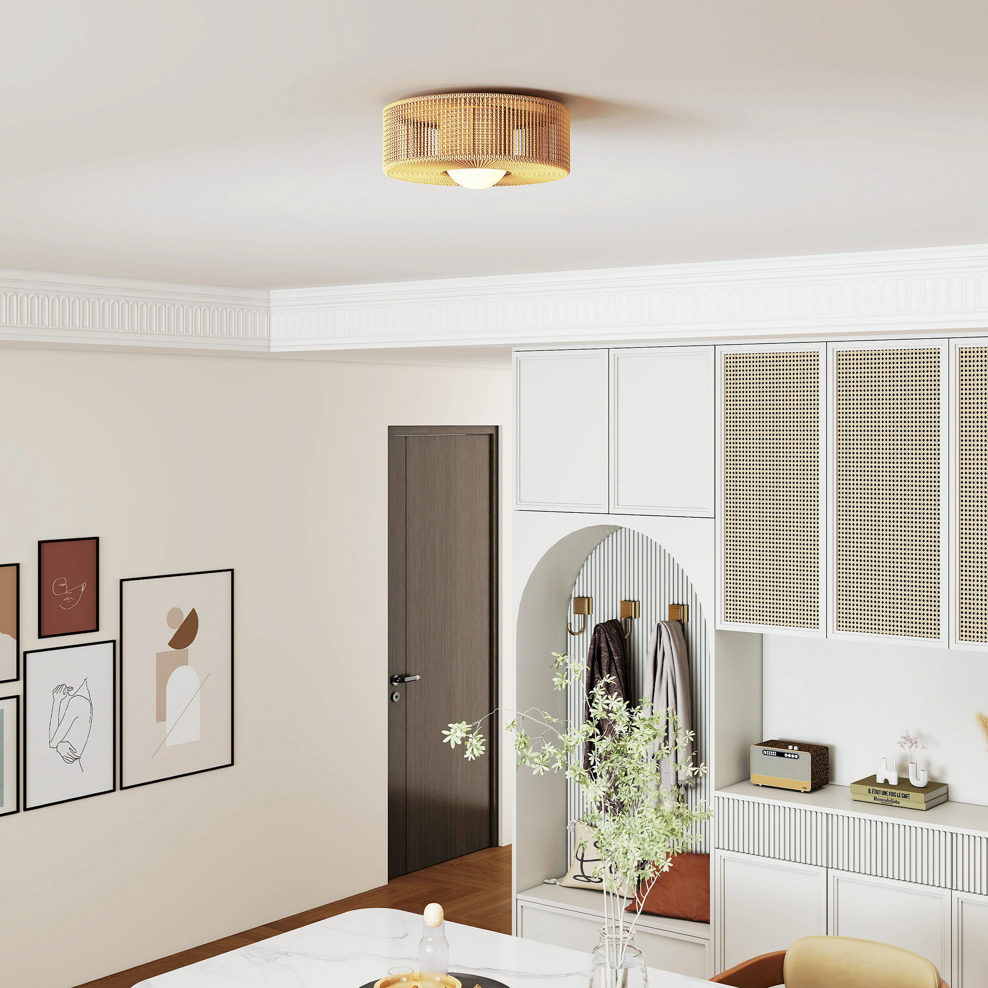 Lámpara de Techo con Bombilla LED G9, 20W, 3000 K, Plafón LED Techo Bohemio con Pantalla de Cuerda de Lino para Dormitorio, Salón, Cocina y Comedor, Marrón Claro