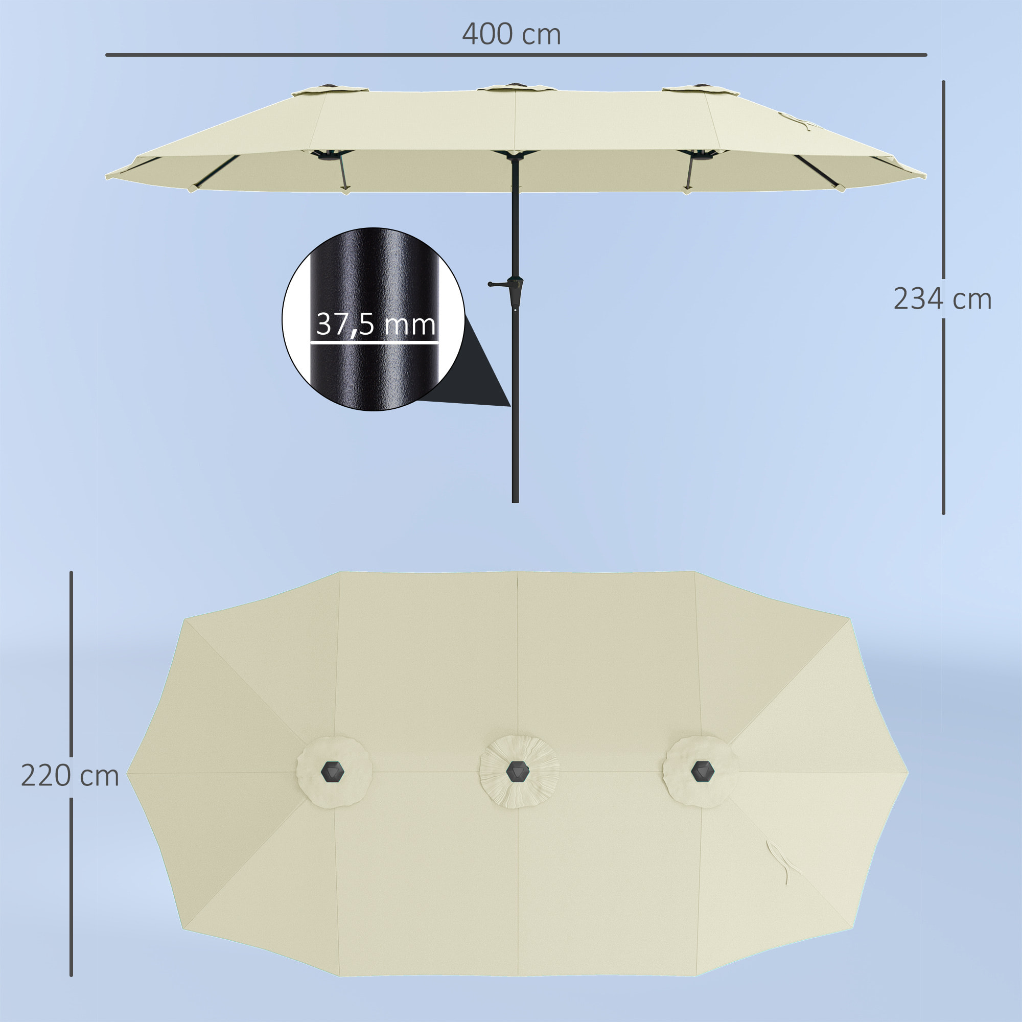 Sombrilla Doble 4x2,2 m Sombrilla Terraza Exterior con Manivela Manual Impermeable y Protección UV30+ Parasol Grande para Terraza Playa Piscina Crema