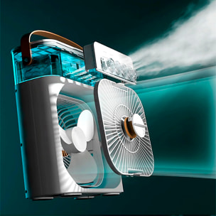 Ventilador de aire frío con 3 intensidades y luz RGB ajustable.