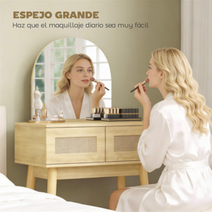 Tocador con Espejo Arqueado, Mesa de Maquillaje con 2 Cajones con Frontal de Ratán, Tocador de Maquillaje para Dormitorio, Espacios Pequeños, Natural