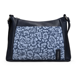 Bolso bandolera azul con bolsillo floral