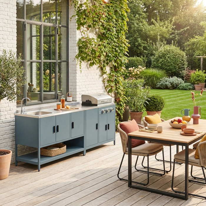 Cuisine d'extérieure 2 modules avec barbecue gaz 3 brûleurs sur pieds, thermomètre NAXOS BARBECUE GAZ + 1 MODULE