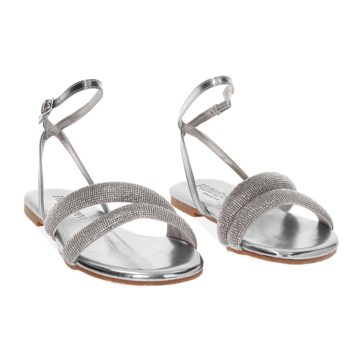 Sandali bassi donna argento in laminato con pietre