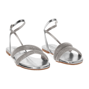 Sandali bassi donna argento in laminato con pietre