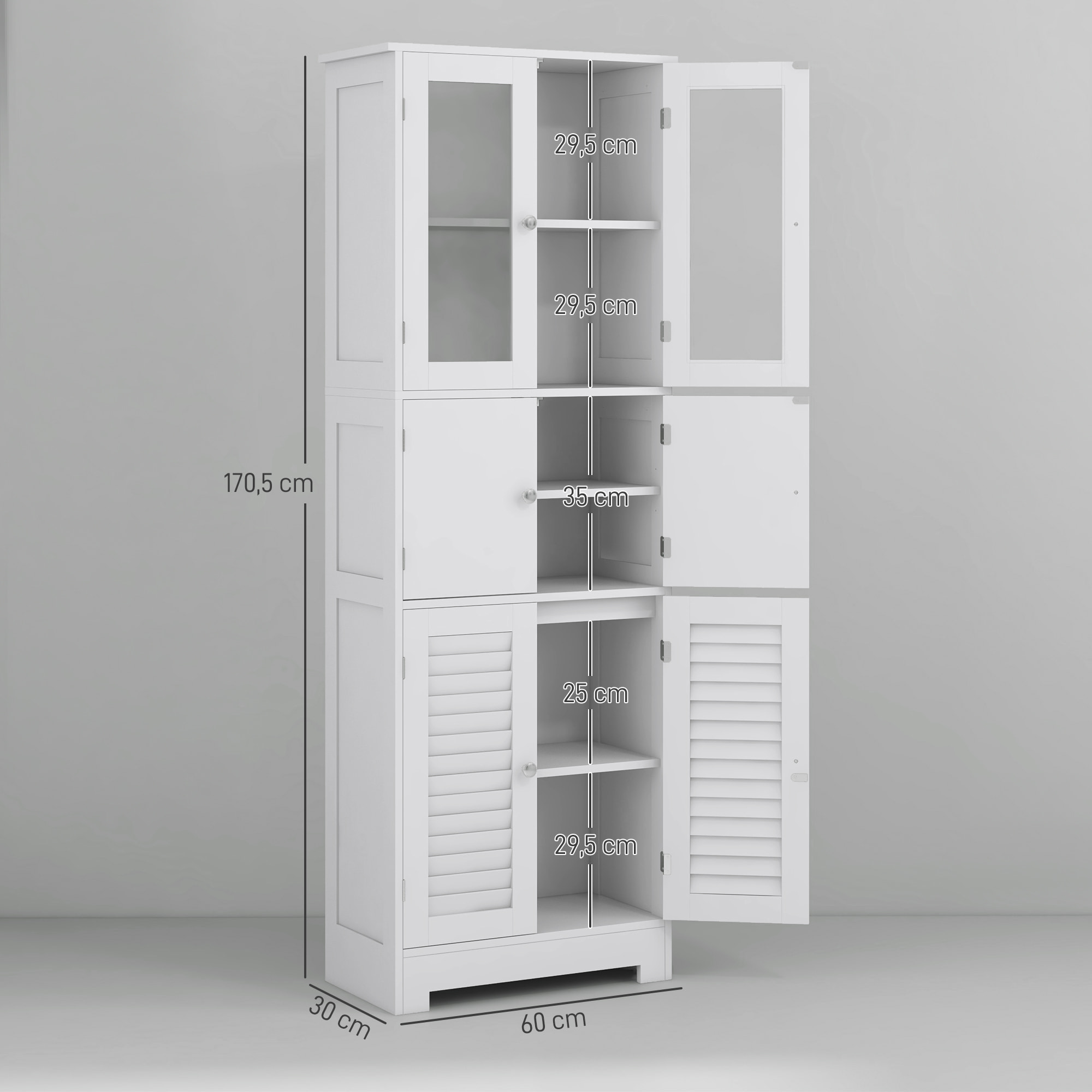 Columna de Baño Mueble Auxiliar de Baño con 6 Puertas Estantes Ajustables Antivuelco Armario de Baño Moderno 60x30x170,5 cm Blanco
