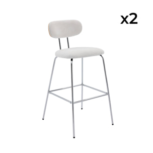 2 tabourets de bar décor bois courbé teinté chêne et tissu déperlant blanc. pieds métal chromé (lot de 2) - L 44 x P 51 x H 103cm - Erin