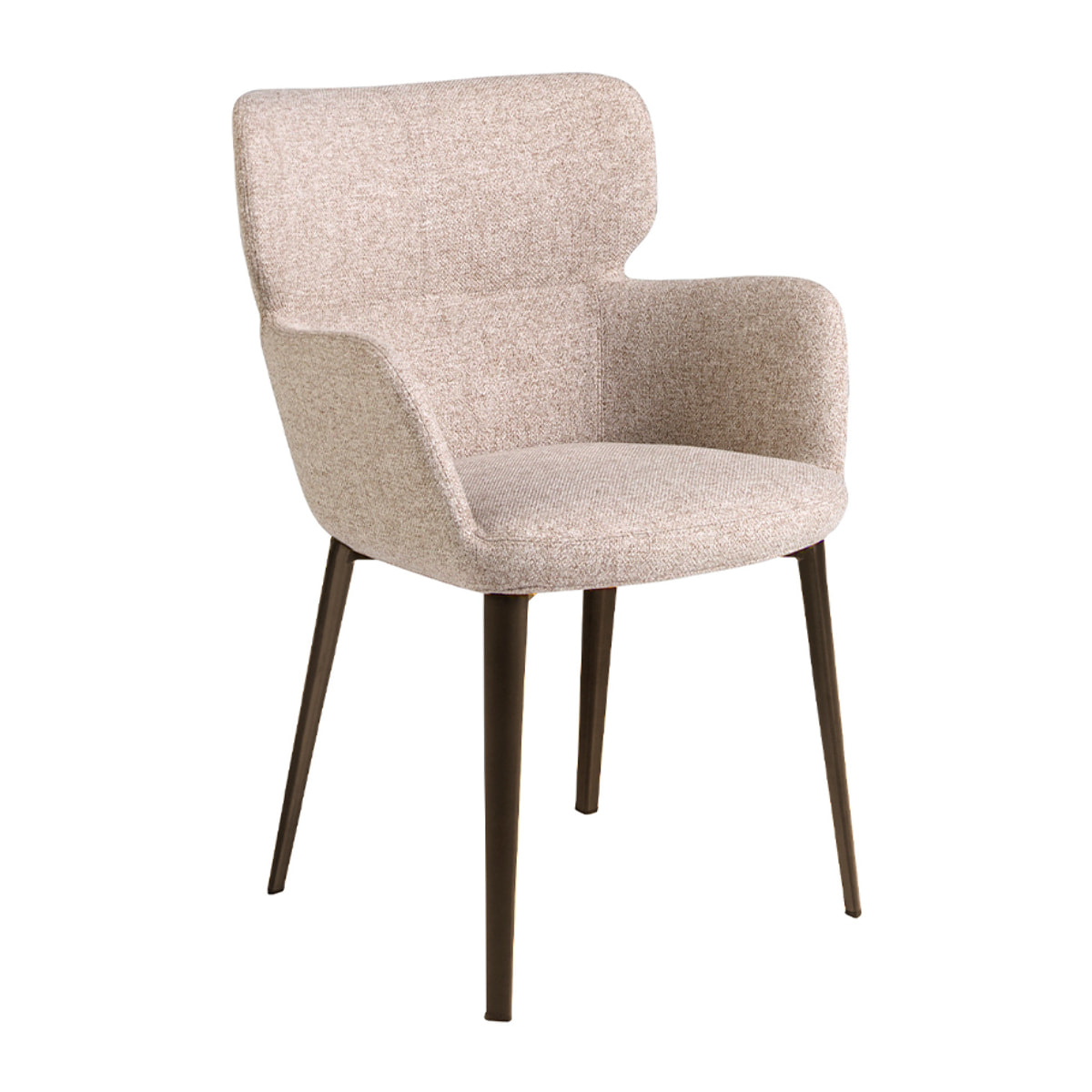 Silla con reposabrazos con asiento y respaldo tapizados en tela marrón jaspeada patas de acero inoxidable en marrón metal 58x59x80cm