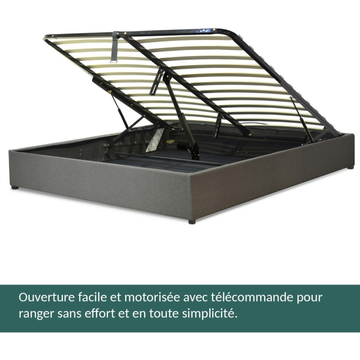 Lit coffre sommier relevable inventif gris | Ouverture à assistance électrique | Modele Futura Tissus | Grande capacite de stockage