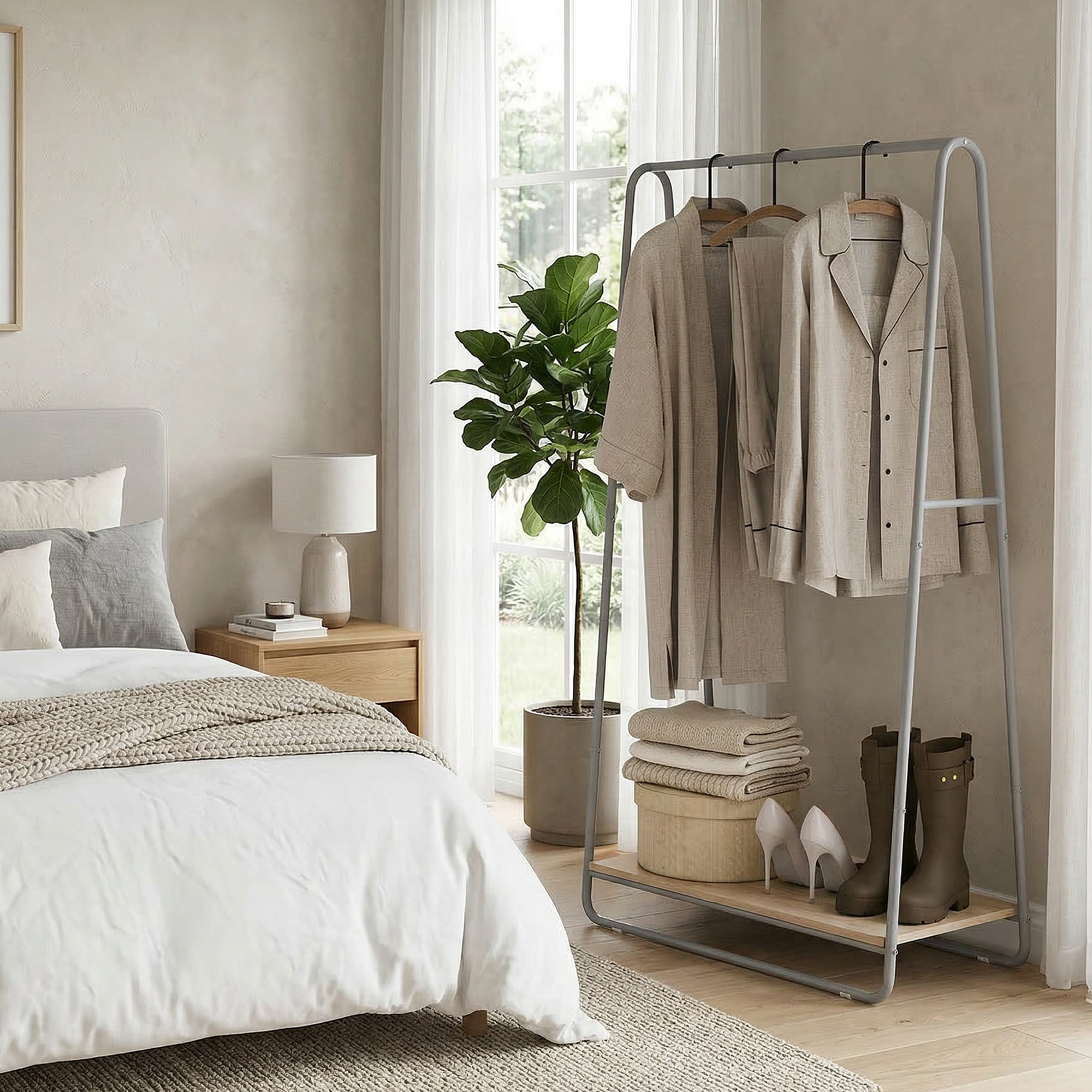 Perchero Zapatero 3 en 1, Perchero Recibidor con Estante para Zapatos, Barras Superior y Laterales, Estructura de Metal para Entrada, Dormitorio, Sala de Estar, Natural y Gris