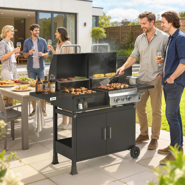 Barbecue hybride gaz et charbon de bois barbecue mixte 2 en 1 avec 3 brûleurs et feu latéral thermomètre - acier - noir