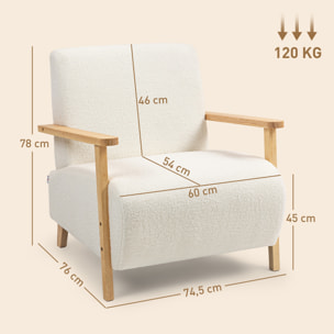 Fauteuil lounge style nordique effet laine bouclée crème structure bois