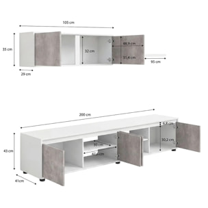 Salón con mueble de TV y estantería en blanco artik y gris cemento 200 cm Arlet Blanco Artik (Blanco Mate) - Gris Cemento