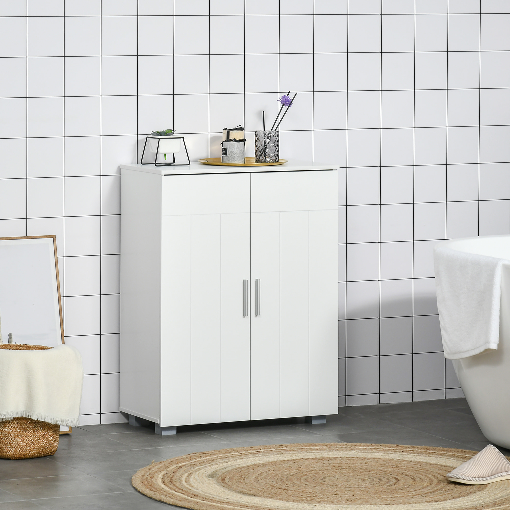 Meuble bas de salle de bain sur pied - 2 portes, 2 étagères réglables - dim. 60 x 30 x 80 cm - MDF blanc