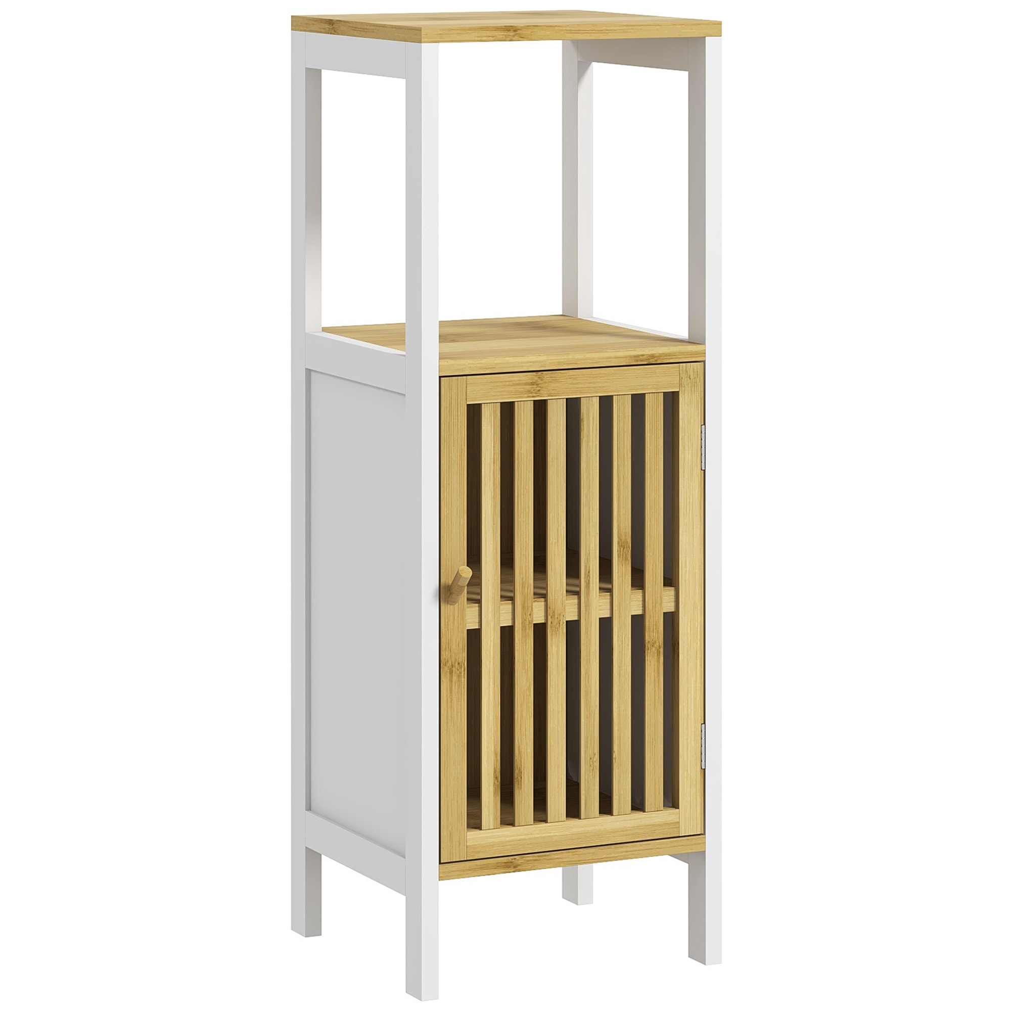 Armario Alto de Baño Columna de Baño Mueble Auxiliar de Baño con 1 Estante Abierto 1 Puerta y 1 Estante Ajustable 32x30x90,5 cm Natural y Blanco