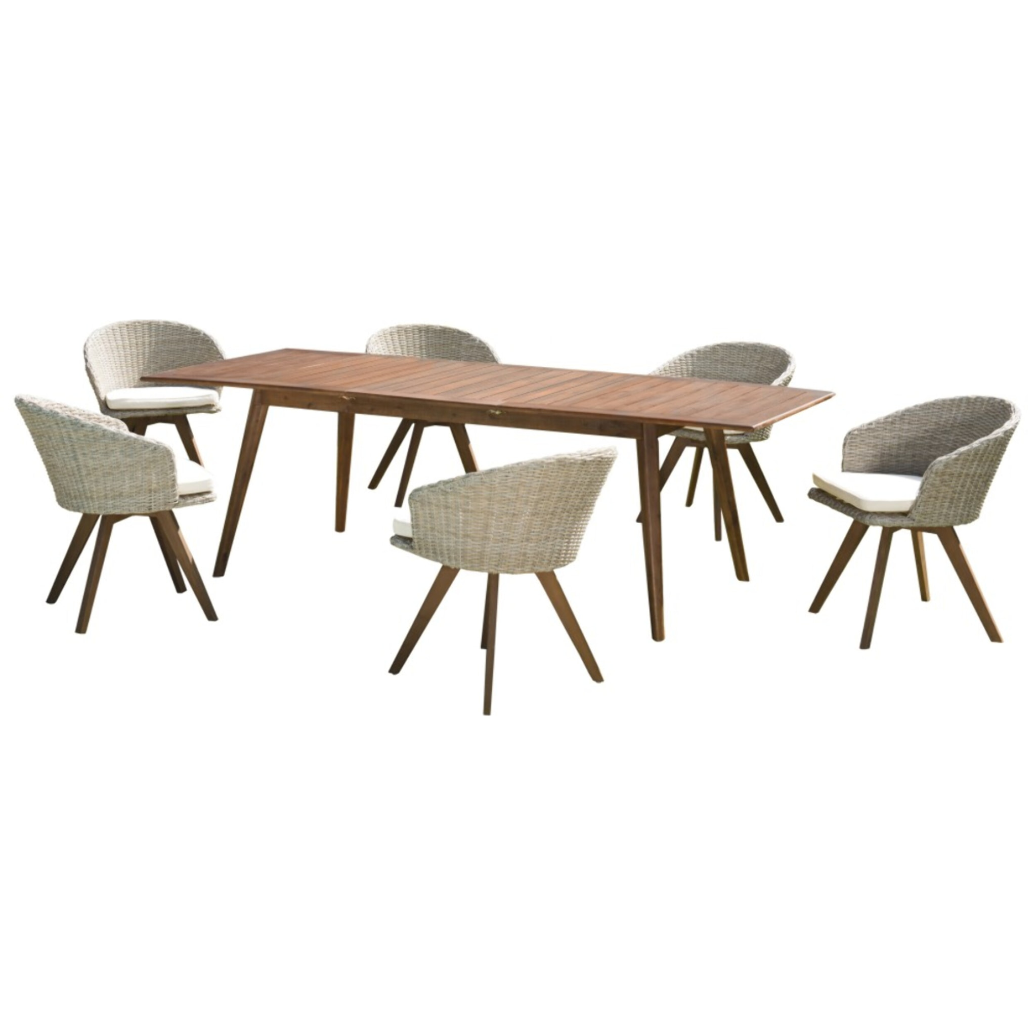 VICK - SALON DE JARDIN EN BOIS 8/10 pers - 1 Table rectangulaire extensible 180/240*100 cm 6 fauteuils en rotin synthétique