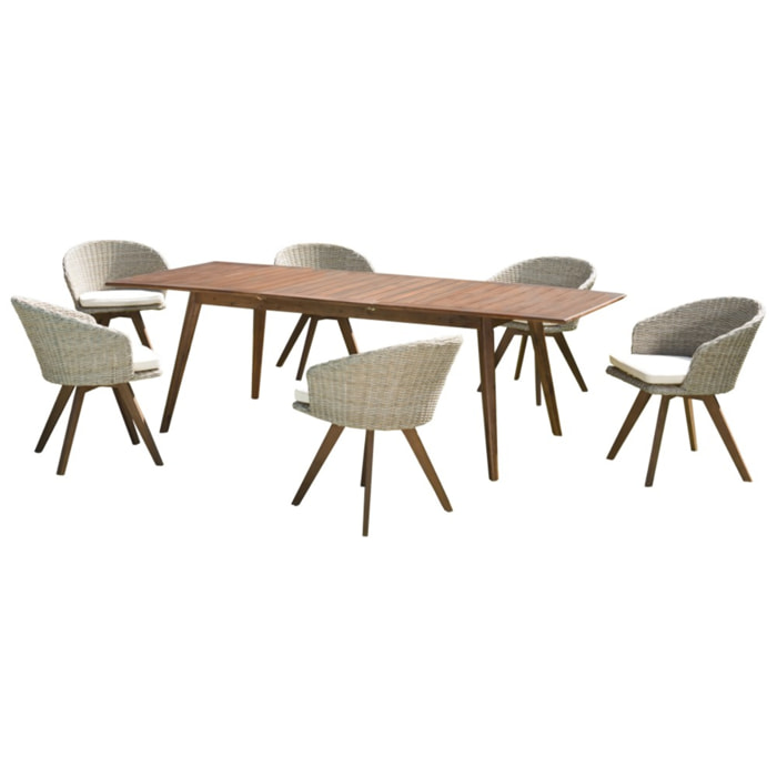VICK - SALON DE JARDIN EN BOIS 8/10 pers - 1 Table rectangulaire extensible 180/240*100 cm 6 fauteuils en rotin synthétique