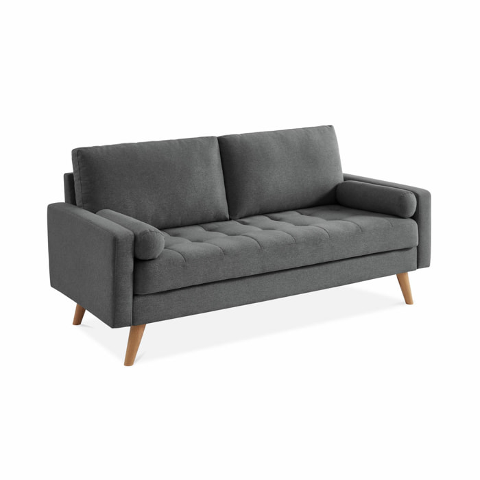 Canapé en tissu gris foncé. 3 places scandinave fixe. droit. pieds bois
