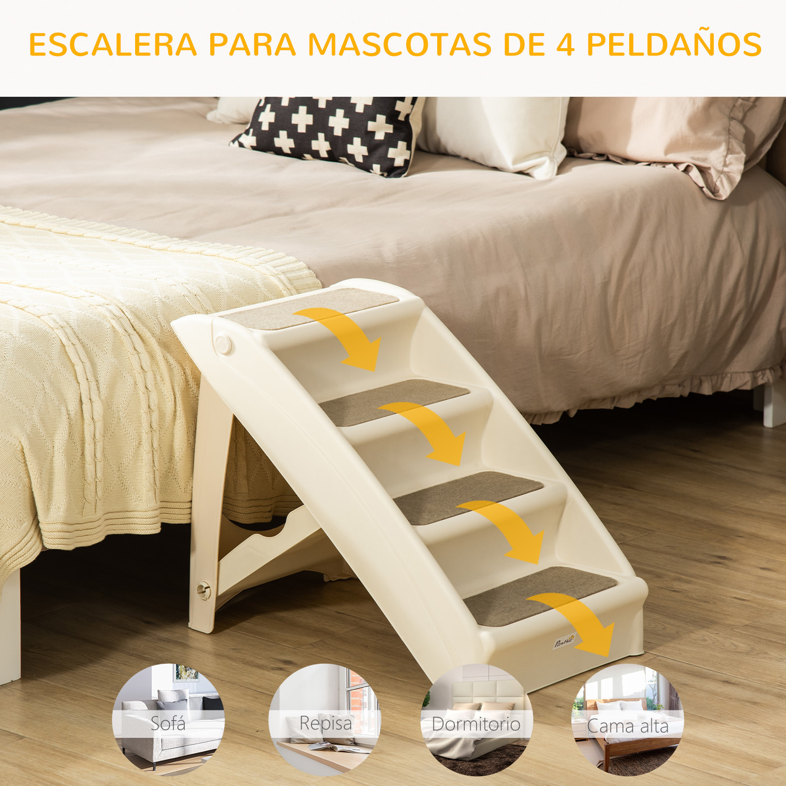 Escalera Plegable para Mascotas de 4 Peldaños Escalón para Perros Gatos Portátil con Alfombras Antideslizantes para Cama Sofá Carga 20 kg 62x38x49,5 cm Beige