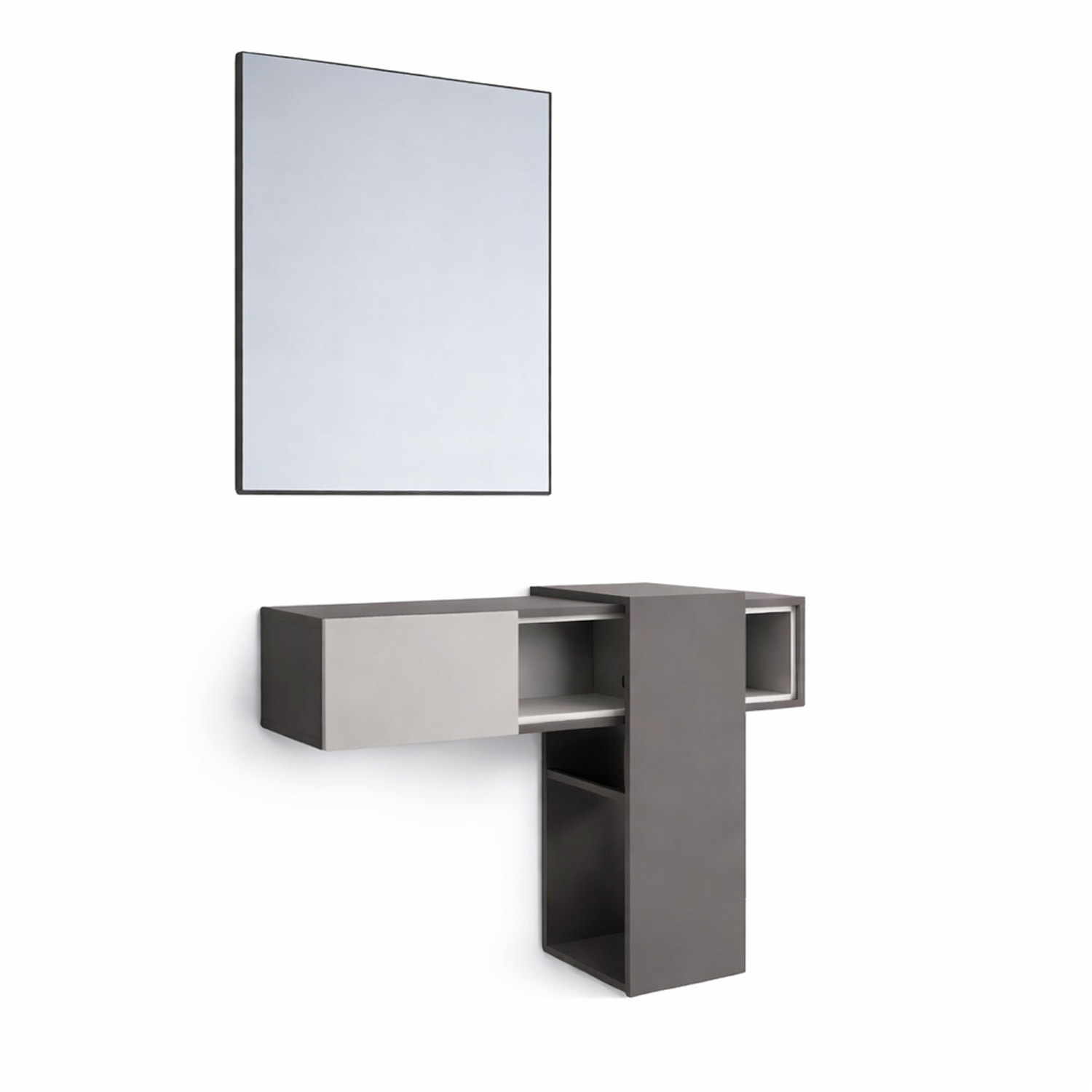 Mobile Danzica Mobiletto da Ingresso Mensola Sospesa con Specchio E Ripiani Scorrevole Arredo 100 x 31.5 x 75 cm Grigio Scuro E Grigio Chiaro