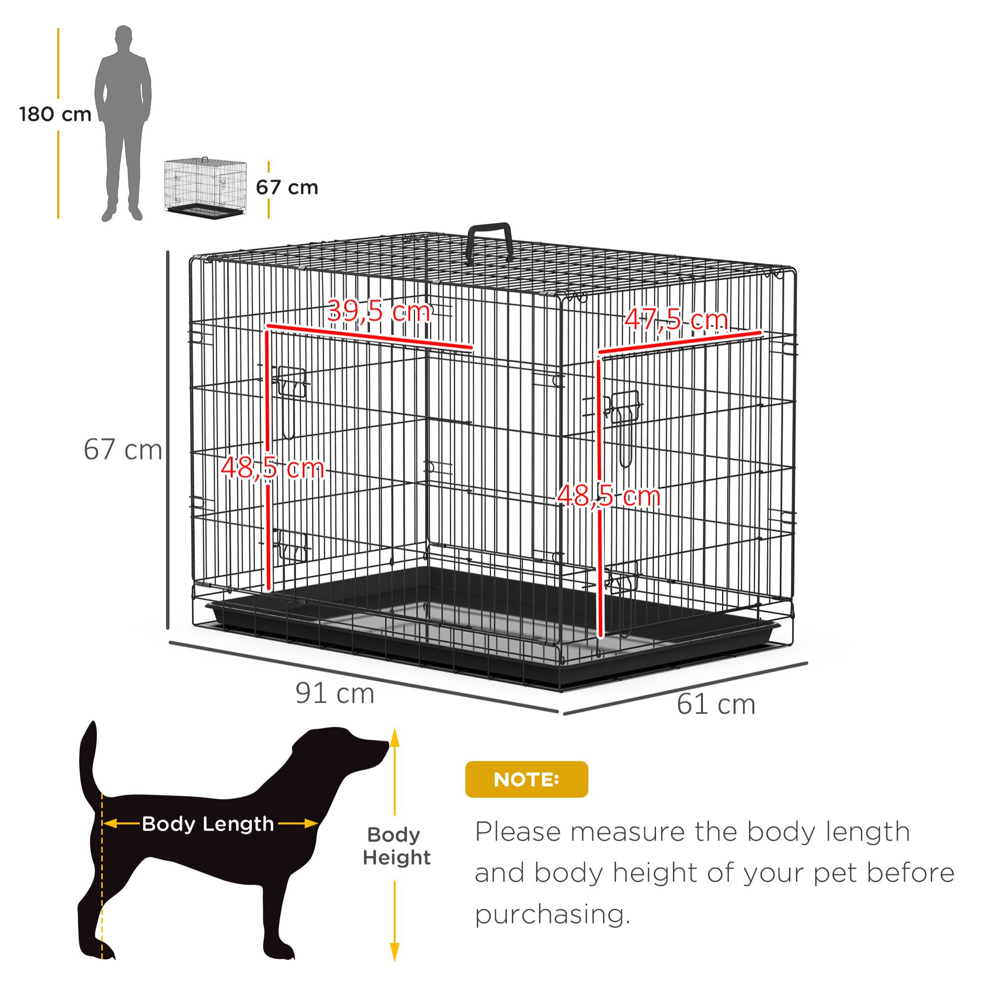 Cage caisse de transport pliante pour chien en métal noir 91 x 61 x 67 cm