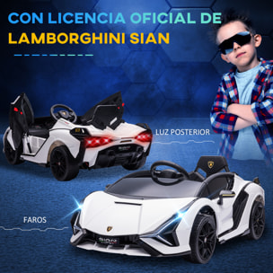 Coche Eléctrico Lamborghini SIAN 12V para Niños de +3 Años con Mando a Distancia Apertura de Puerta Música MP3 USB y Faros 3-8 km/h 108x62x40 cm Blanco