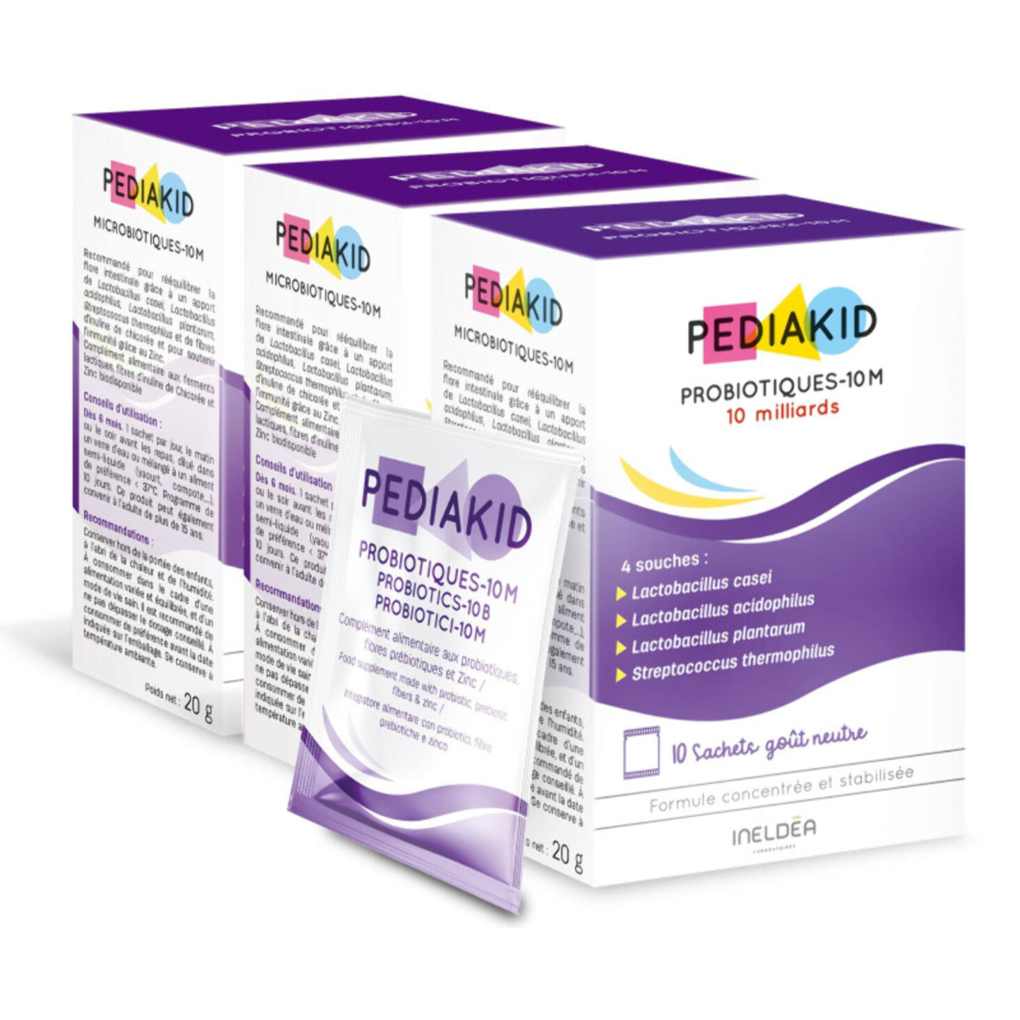 PEDIAKID - Probiotiques-10M - Rééquilibre la flore intestinale - Apporte 10 milliards de ferments lactiques - Soutient l'immunité - Dès 6 mois - Etui de 10 sachets - Lot de 3