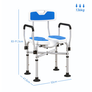 Silla Ducha Personas Mayores Silla de Ducha con Asiento Ranurado Altura Regulable Taburete de Ducha Antideslizante con Respaldo y Reposabrazos Carga 136 kg para Discapacitados Azul