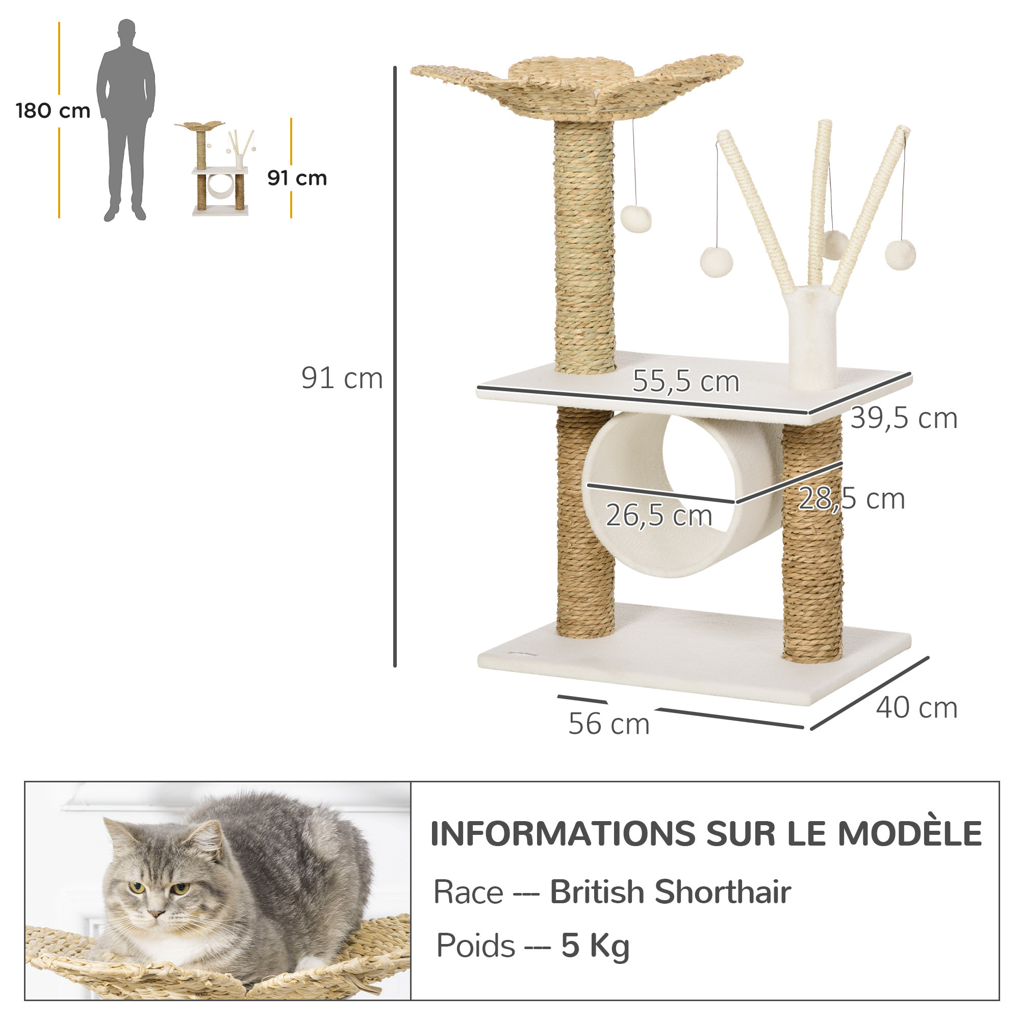 Arbre à chat style cosy chic fleur - griffoirs, tunnel, plateformes, 4 jeux de boules -  peluche blanche quenouille tressée