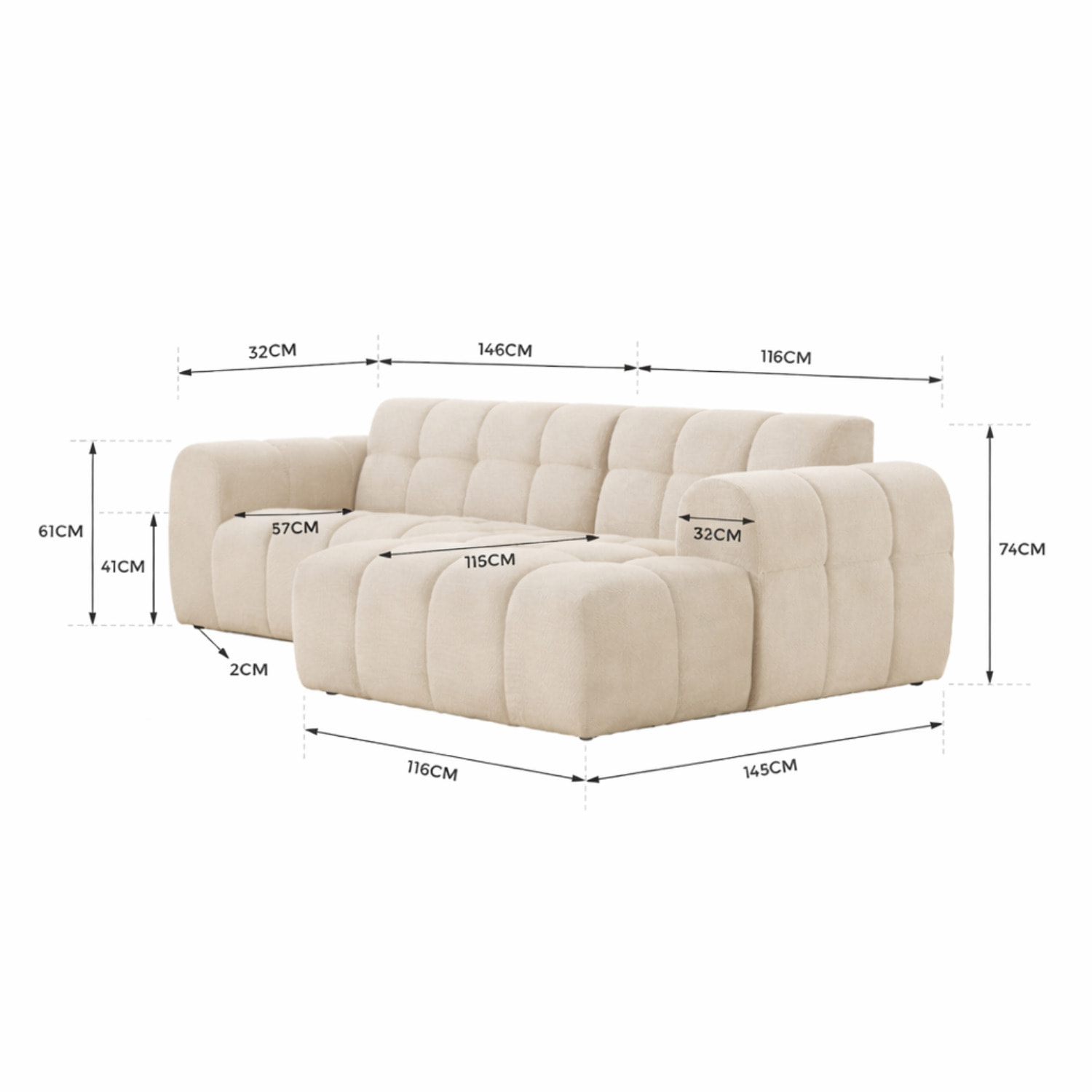 ALINE Canapé d'angle 3 places nuage en velours beige