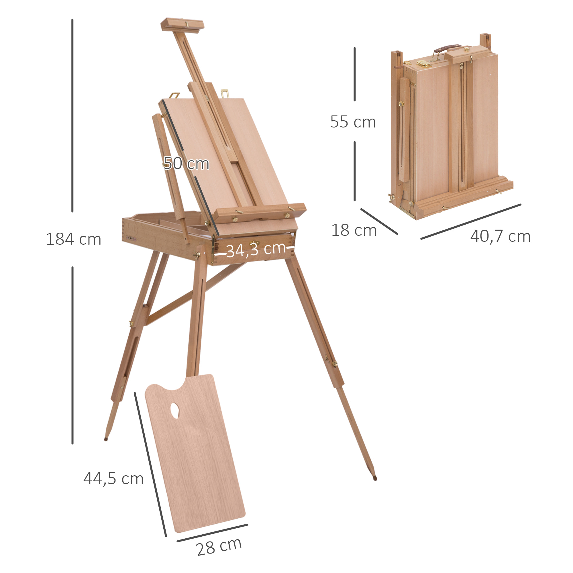 HOMCOM Chevalet d'artiste sur pieds pliable mallette de peinture chevalet avec rangement hauteur réglable  bois de hêtre clair