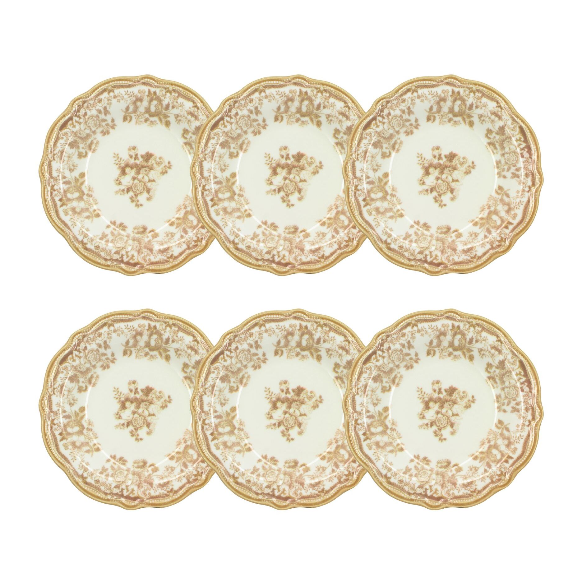 Lot de 6 assiettes creuses fleuries en grès miel 22cm FAUSTINE