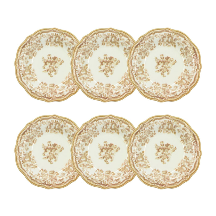 Lot de 6 assiettes creuses fleuries en grès miel 22cm FAUSTINE