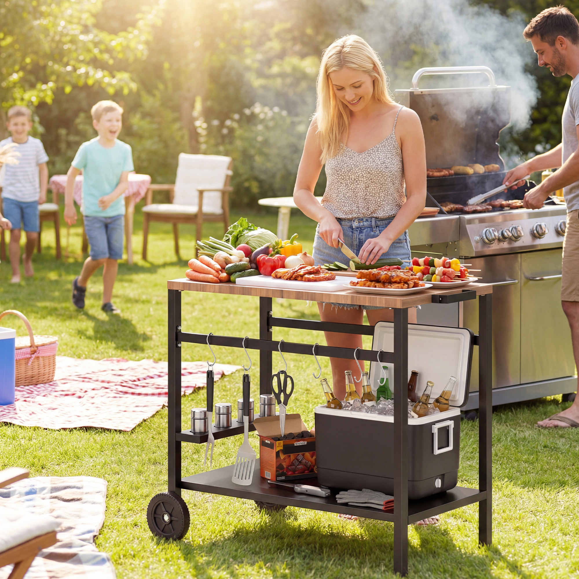 Carrito de Barbacoa de 2 Niveles Mesa Auxiliar para Barbacoa Móvil con Ruedas Portabebidas Ganchos Asa Encimera Imitación madera Mesa de Horno de Pizza para Exterior Negro y Marrón