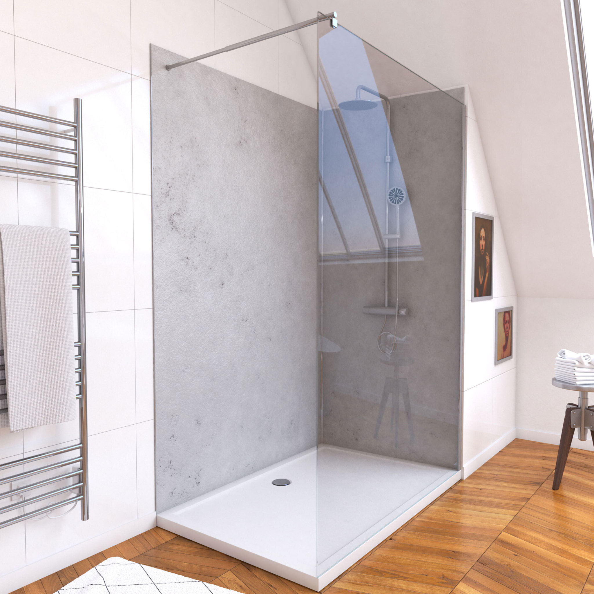 Panneaux Muraux Light Grey 90+120x210 - Receveur 120x90 - Paroi 8mm Transparente 120x200 + Bras