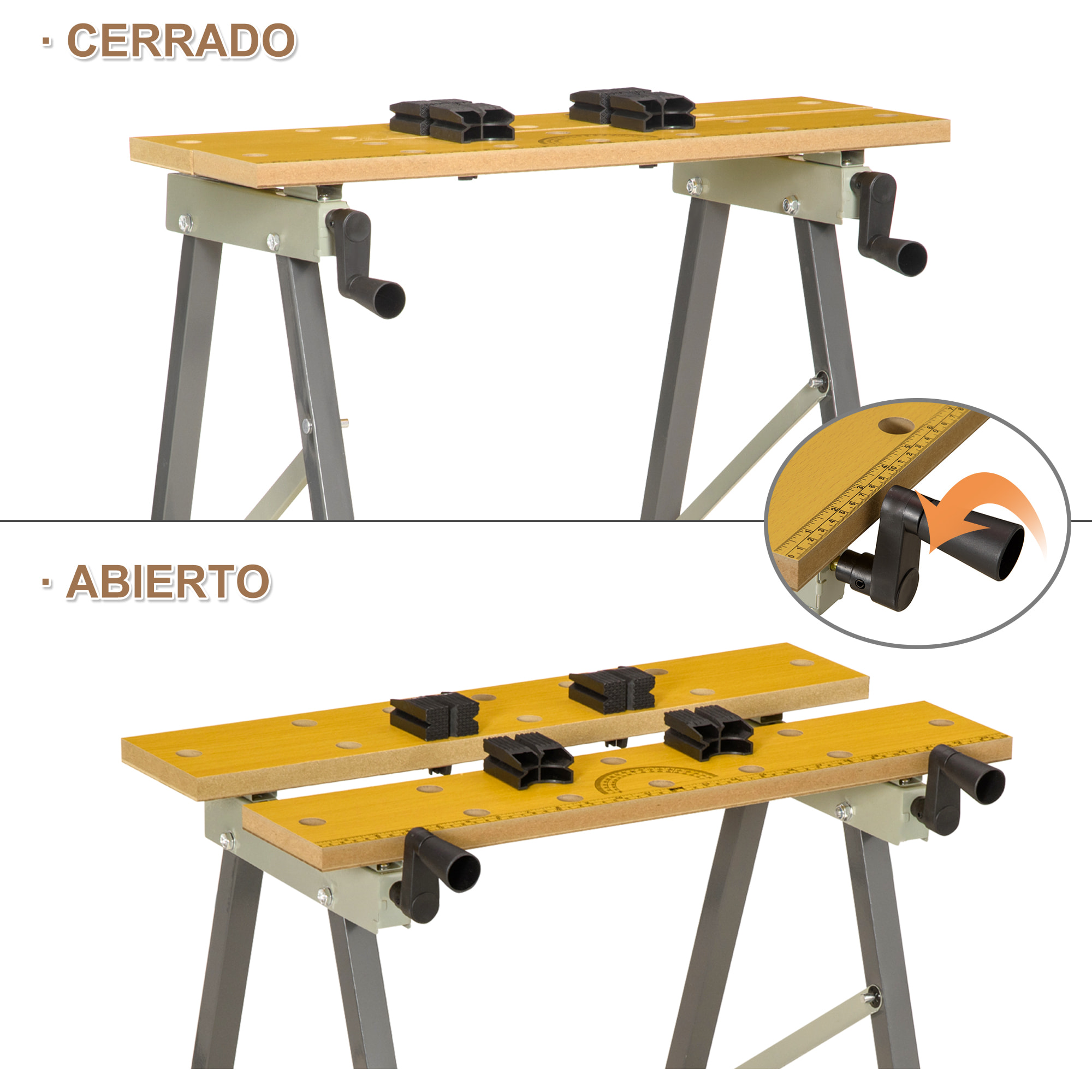 Banco de Trabajo Plegable, 4 en 1, Mesa de Trabajo con 4 Abrazaderas Ajustables, 2 Manivelas, 2 Paneles de MDF, para Garaje y Taller, Carga 100 kg, 62,5x60,5x78,5 cm, Natural y Gris