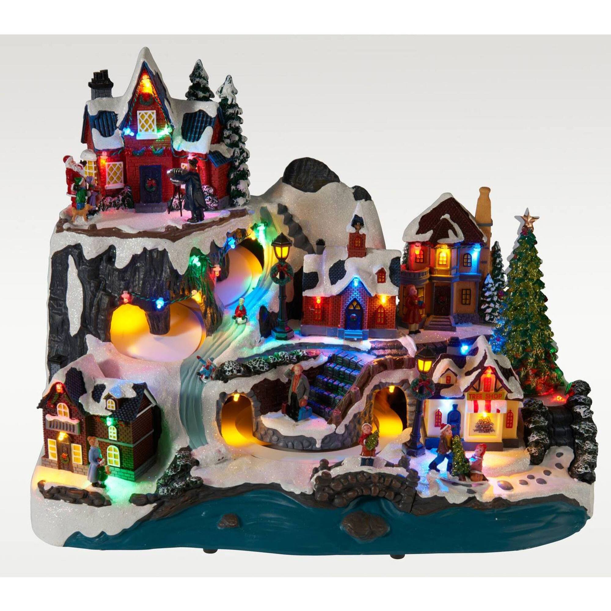 Pueblo navideño de esquí con led y movimiento, escena de invierno iluminada 45,6x30,5x35,8 cm