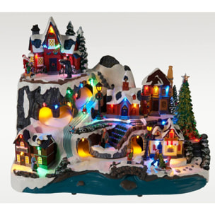 Pueblo navideño de esquí con led y movimiento, escena de invierno iluminada 45,6x30,5x35,8 cm